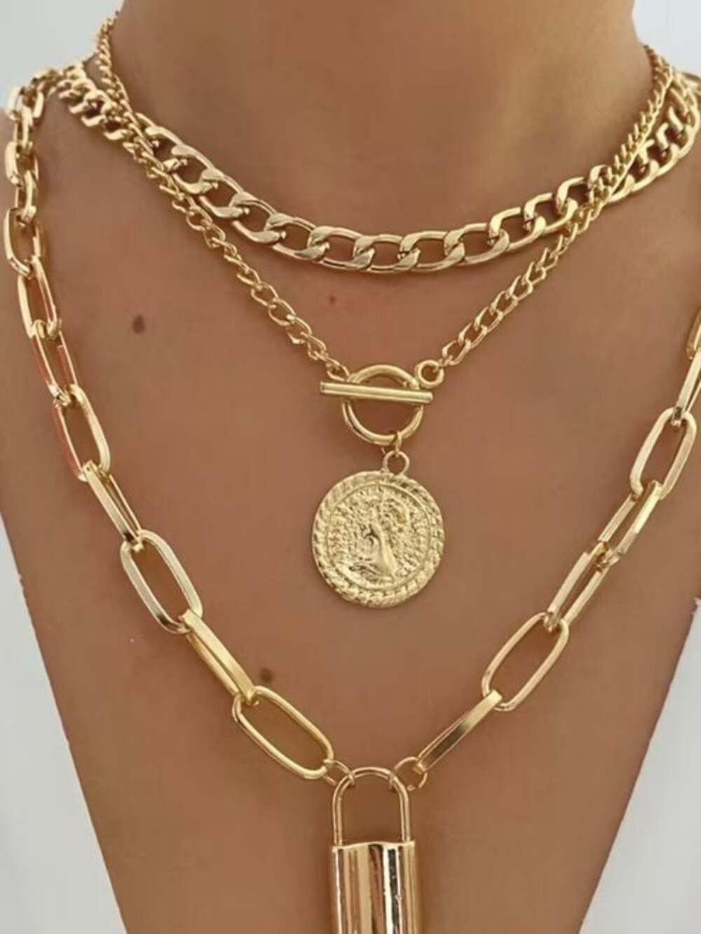 Multi necklace Layered Coin & Lock Pendant Necklace Set Gold
